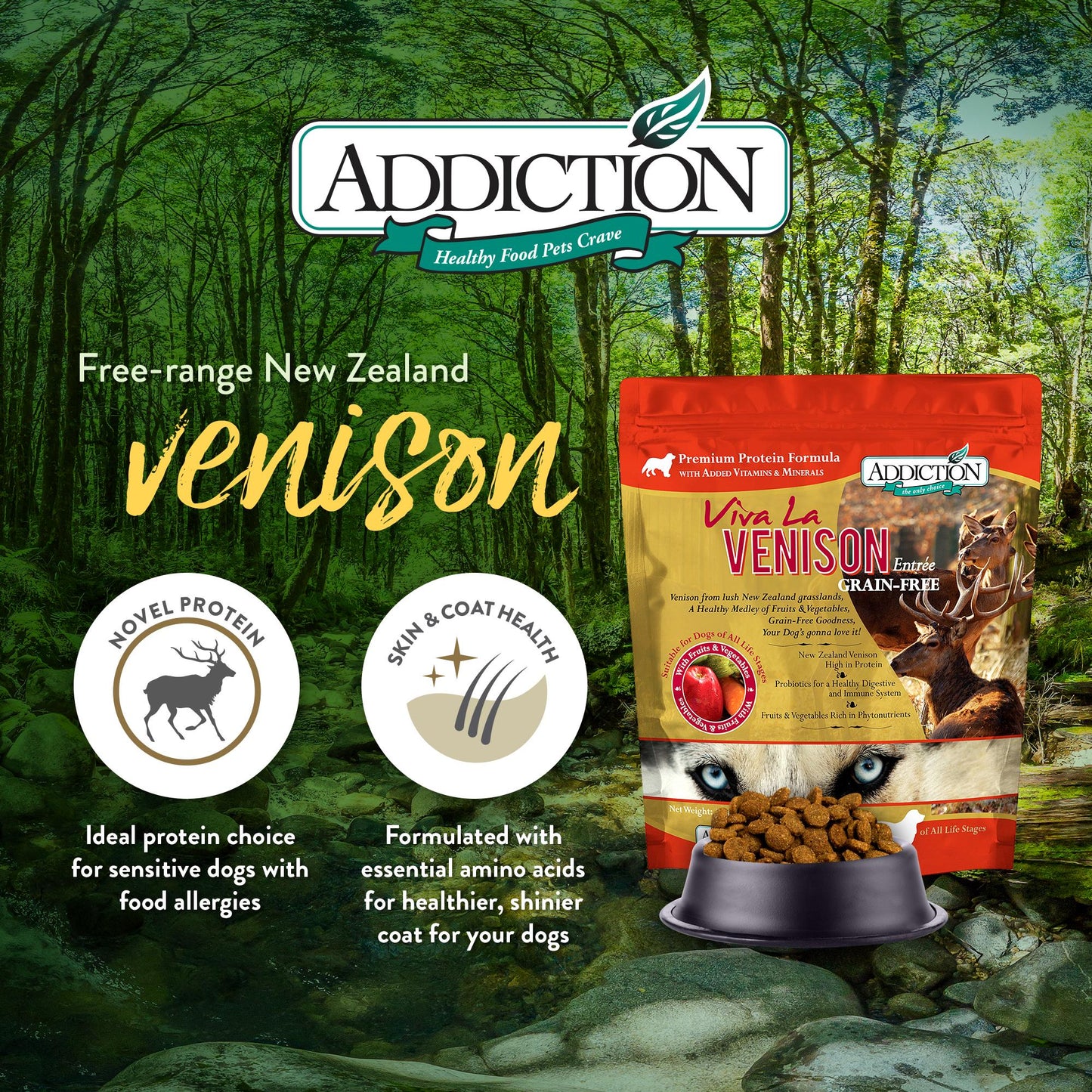 Addiction Viva La Venison, Sensitive Care, Novel Protein Dry Dog Food